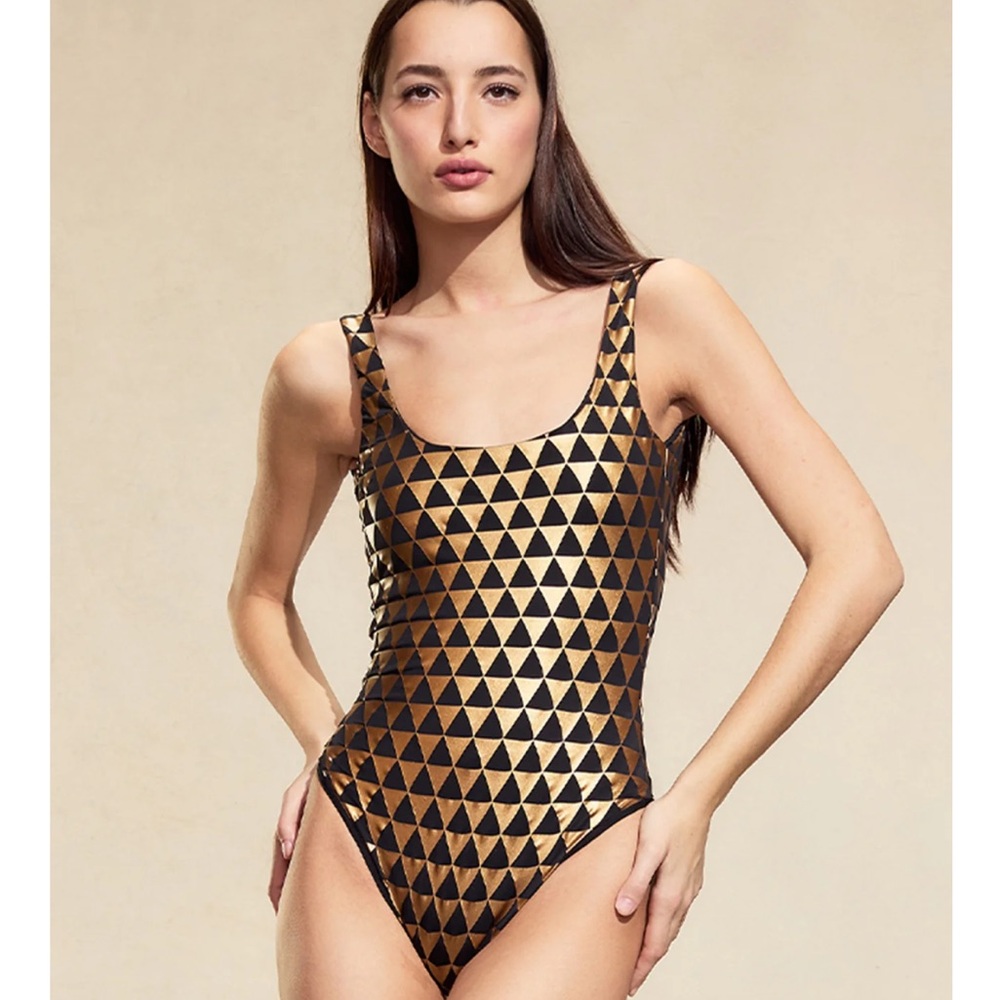 NEW Cynthia Rowley Black and Gold Triangle One-Piece Swimsuit (new with tags)